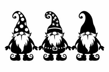 Gnome Christmas silhouette vector illustration, Dancing dwarfs stencils. Gnome with a gift, with a star and a gnome with a magic wand. Winter decorations.