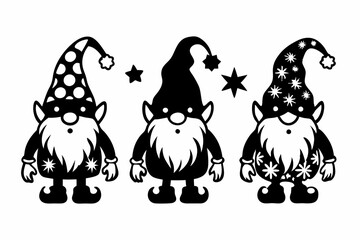 Gnome Christmas silhouette vector illustration, Dancing dwarfs stencils. Gnome with a gift, with a star and a gnome with a magic wand. Winter decorations.