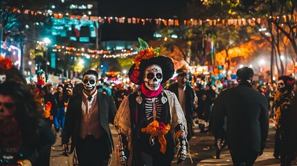 Obraz premium A group of people in Day of the Dead costumes, walking through an urban street at night with lights and decorations on both sides