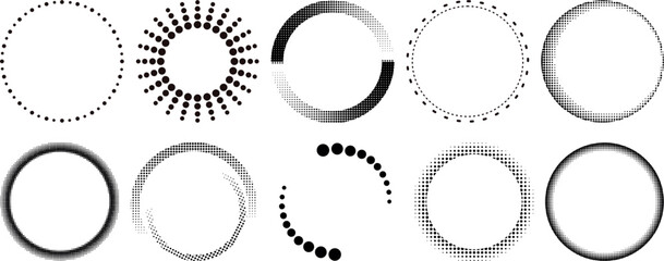 Loading Circles and Halftone Dotted Circle Vectors Collection - Black and White Abstract Circle Designs for Loading Animations, Progress Indicators, and Decorative Elements in Web and Graphic Design