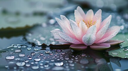 07231249 601. Close-up of a beautiful lotus flower on the water's surface after rain, with raindrops glistening on its petals and a serene garden setting providing a peaceful backdrop