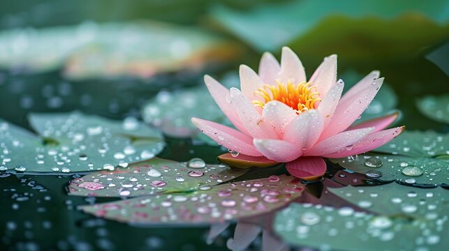 07231249 602. Detailed view of a lotus flower resting on the water in a garden after a rain shower, with the flower&acirc;&euro;&trade;s delicate petals highlighted against the tranquil garden environment