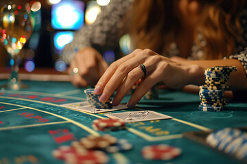 Cinematic shot of an unrecognizable woman winning at blackjack in a casino, with her hand on the game table surrounded by chips