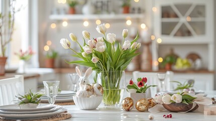 07231249 542. Elegant table setting with tulips, decorative Easter bunnies, and golden-patterned eggs, arranged in a white Scandinavian-style kitchen, perfect for a stylish Easter greeting card