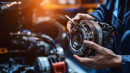 Fototapeta premium A mechanic is working on an electric motor, holding the hub in his hands and fixing it with tools. 