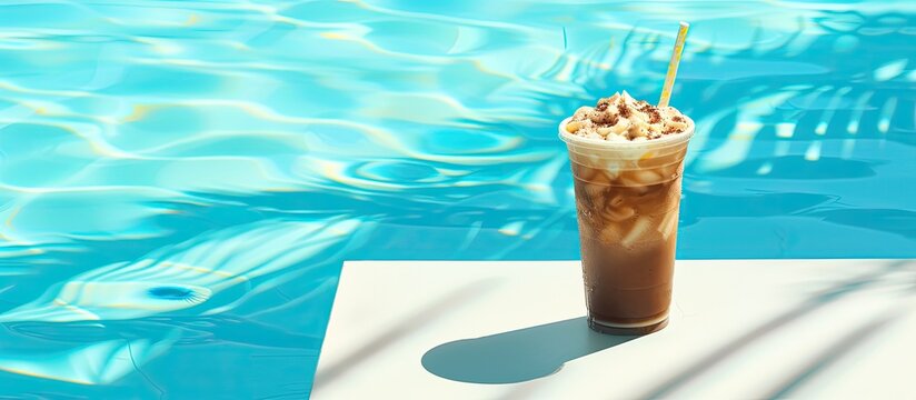 Fredo s iced coffee Frappe with a summer feel by a clear blue pool on a white table A minimalistic summer background with sun shadows and ample copy space image