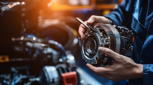 A mechanic is working on an electric motor, holding the hub in his hands and fixing it with tools. 