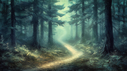 Obraz premium Mysterious Forest Path Shrouded in Mist and Surrounded by Tall Trees