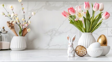 07231249 545. Modern Easter table arrangement featuring tulips, golden-patterned eggs, and playful Easter bunnies, set against a sleek white Scandinavian kitchen backdrop, ideal for a festive
