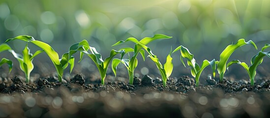 Corn seeds progressing from seed sowing to sprouting green leaves with rockwool media depicted in a copy space image