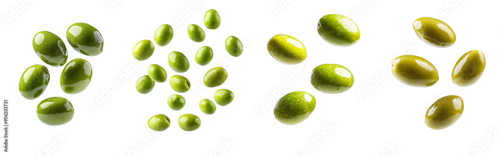 Poster olive falling on white background, full depth of field and clipping path