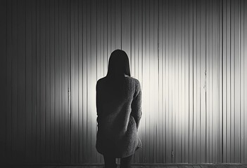暗い部屋で壁を向いている悲しそうな女性の後ろ姿