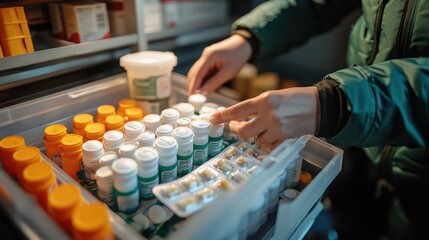 A person organizing personal medication into an emergency kit, highlighting the importance of health and continuity of care.