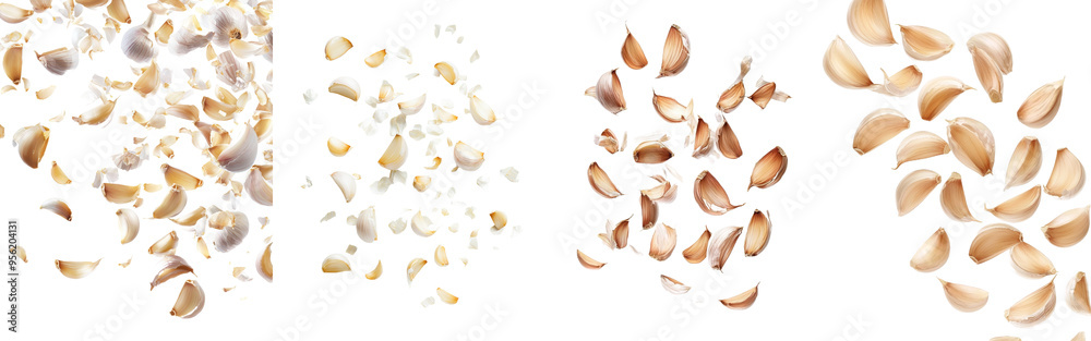 Sticker An isolated scene of falling garlic with a clipping path and full depth of field, isolated on a white background