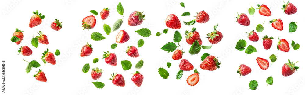Poster the falling wild strawberry is isolated on a white background, clipping path, and full depth of fiel