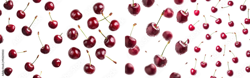 Poster a cherry falling to the ground with a clipping path, isolated on white, with full depth of field