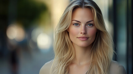 Naklejka premium A portrait of an attractive blonde woman with long hair, wearing casual attire and standing outdoors in the city