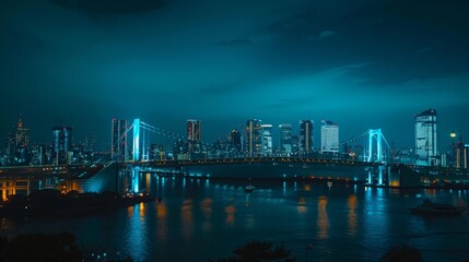 Fototapeta premium Black to light blue gradient in the Tokyo night sky with the Rainbow Bridge in the foreground