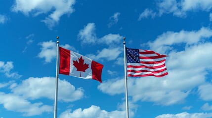 Two flags, one from Canada and one from the United States, are flying in the sky