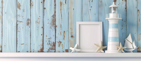 Mockup with a lighthouse starfish and an empty frame on a white shelf set against a pastel wooden backdrop UniformLocation provides copy space image