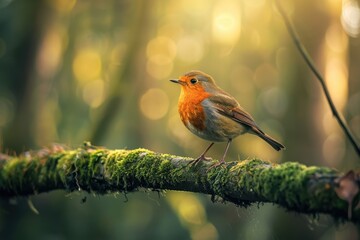 A vibrant image of a European robin perched on a mossy tree branch, with a blurred forest background.