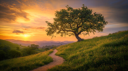 Serene Tree at Sunset on a Winding Path Through Rolling Hills
