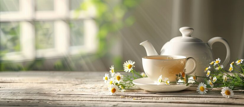 White cup holding herbal organic chamomile tea with wild summer flowers beside a teapot featuring a copy space image