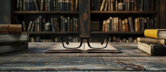 Wooden table with black glasses on top surrounded by books featuring an empty area for text or images. with copyspace image