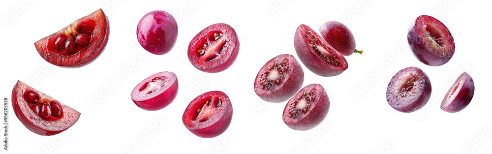 Poster isolated red grapes falling to the ground, clipped path, deep depth of field