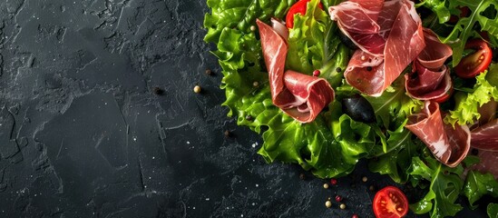 Copy space image of a rustic top view jamon salad with green leaf lettuce tomato and salad dressing...