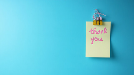 "thank you" with pink letters note on stocky note on blue background