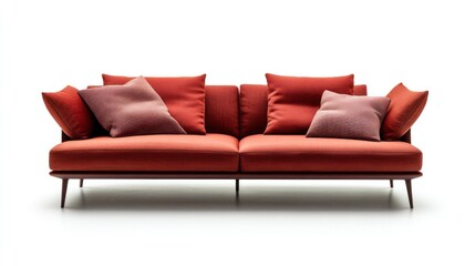 Fototapeta premium Chic modern italian sofa with pillow and angular wooden legs isolated on white background. suitable for product photo