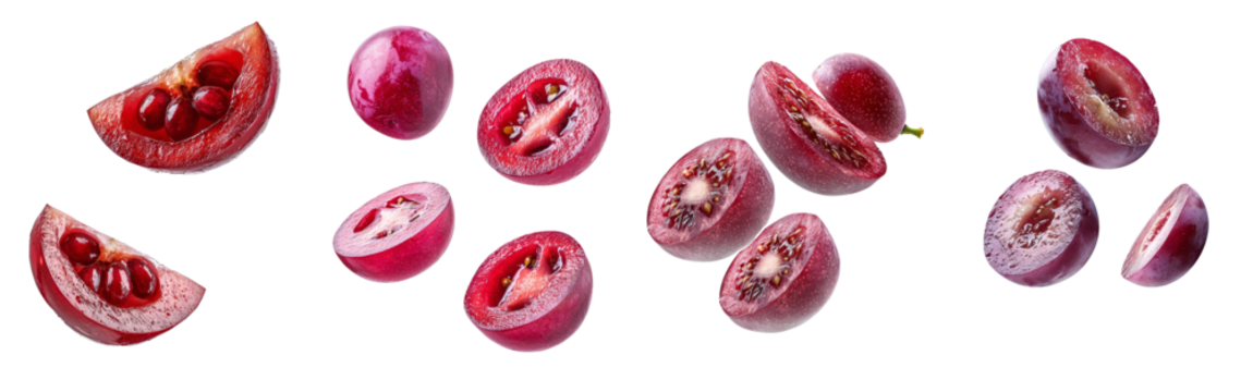 Isolated red grapes falling to the ground, clipped path, deep depth of field