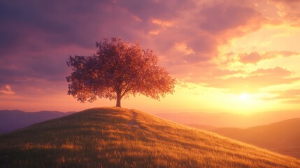 Solitary Tree on a Hilltop at Sunset