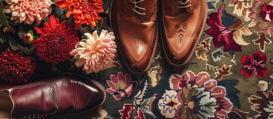 Variety of shoes with chrysanthemum on rug copy space image