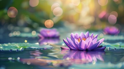 07231249 585. Elegant close-up of purple lotus flowers emitting light while floating on water, with a dreamy green bokeh background adding depth and a sense of tranquility