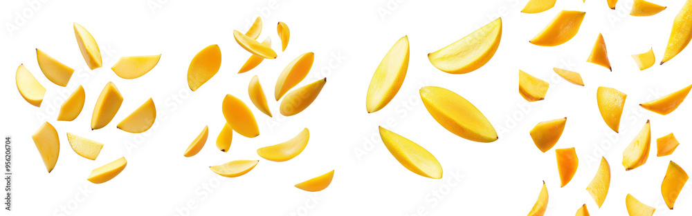 Poster Yellow mango falling on white background with clipping path, full depth of field