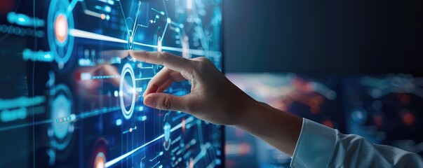 Futuristic interface technology with hand interaction.