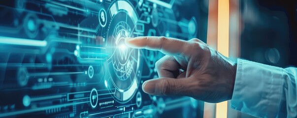 Futuristic interface technology with hand interaction.