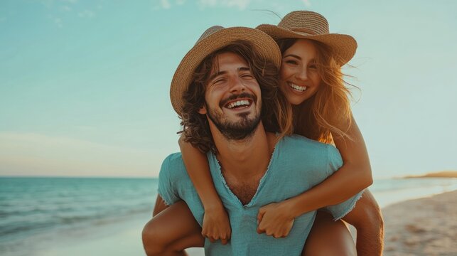 Young man giving a piggyback ride to his happy girlfriend sits on his back at sunrise over the beach ocean outdoor seaside on a summer day, having fun and smiling.