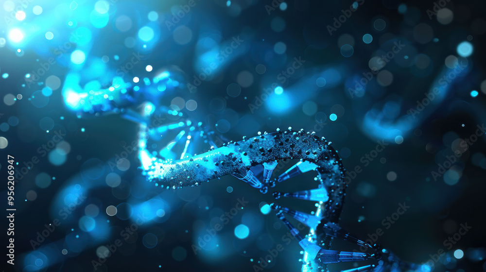 Poster a stunning visualization of dna strands illuminated by blue light, showcasing intricate details and 
