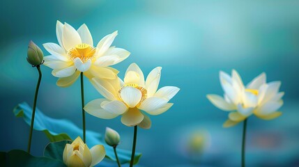 07231249 588. Artistic view of radiant yellow lotus flowers against a serene blue backdrop, showcasing their bright light and the soothing contrast with the blue background
