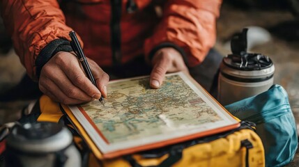 A survival guidebook being added to an emergency kit, showcasing the importance of information in preparing for natural disasters.