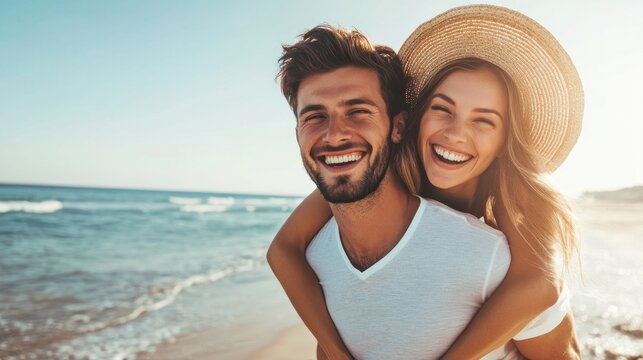 Young man giving a piggyback ride to his happy girlfriend sits on his back at sunrise over the beach ocean outdoor seaside on a summer day, having fun and smiling.