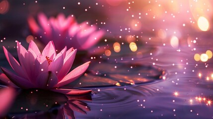 07231249 591. Close-up of pink lotus flowers emitting a soft light and floating gently, with a sparkling light effect and a purple background that enhances the magical ambiance