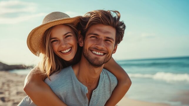 Young man giving a piggyback ride to his happy girlfriend sits on his back at sunrise over the beach ocean outdoor seaside on a summer day, having fun and smiling.