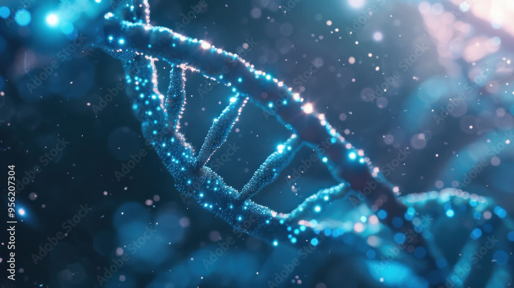 Poster stunning close up of dna double helix structure, showcasing intricate details and glowing blue parti