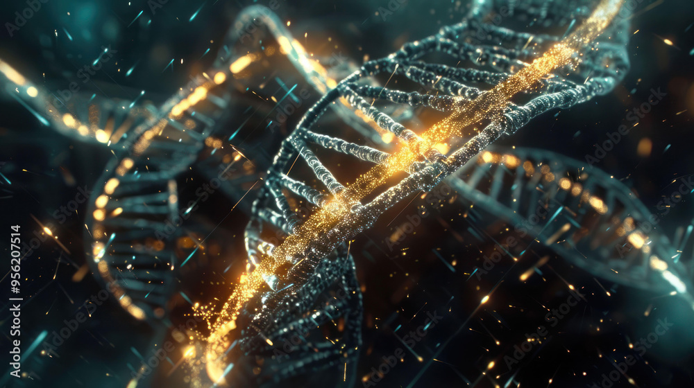 Poster a stunning visualization of dna double helix, showcasing intricate details and glowing elements, evo