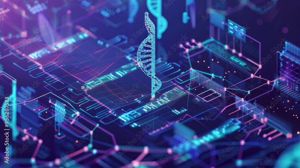 Poster digital representation of dna on circuit board, showcasing technology and biology merging in vibrant