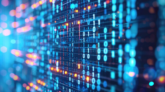 Digital data visualization with binary code and vibrant colors